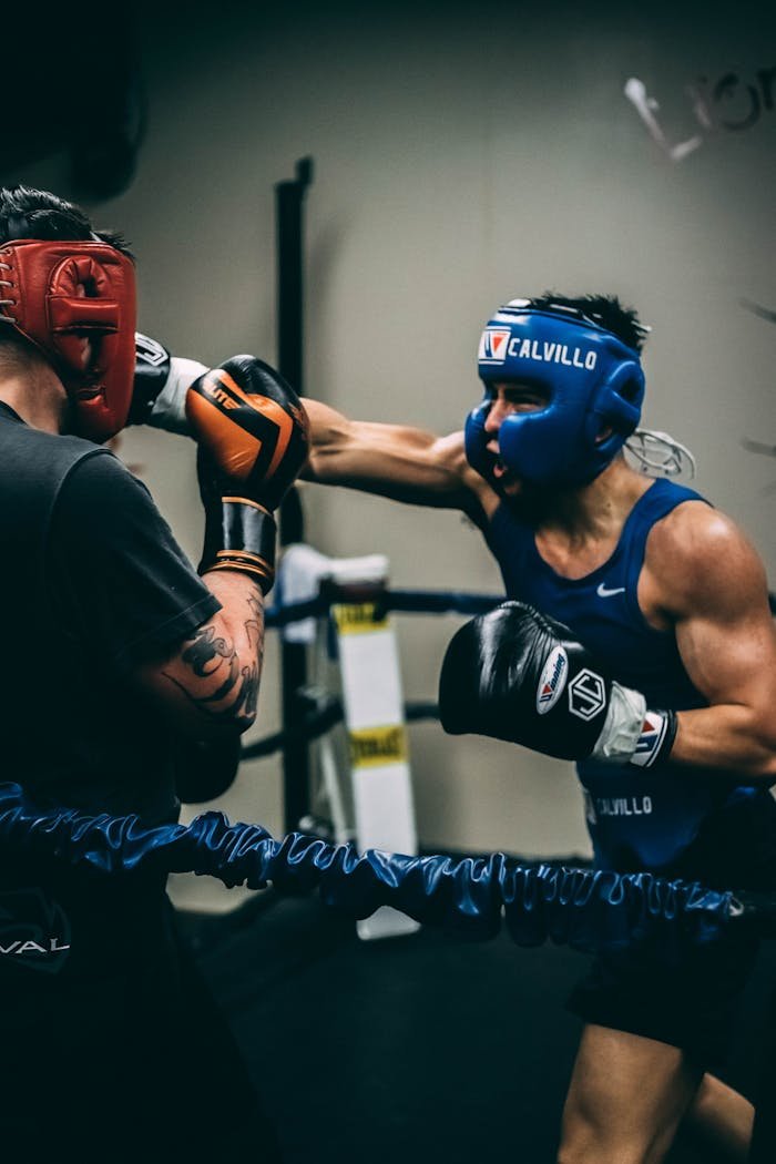Male fighters in boxing gear training in ring